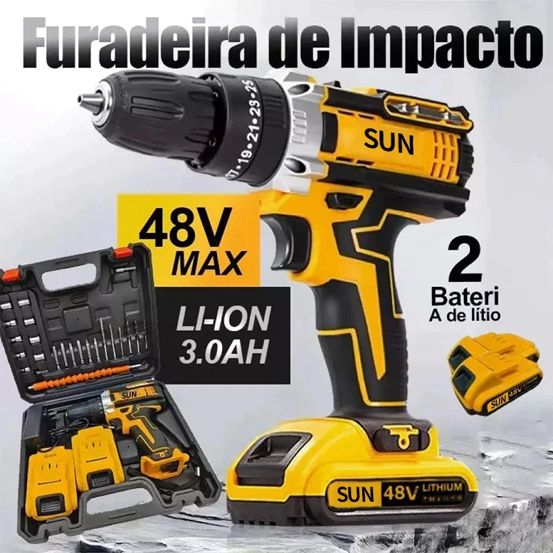 Furadeira Parafusadeira 48V Impacto Sem Fio + Kit Completo com Maleta | Forjano