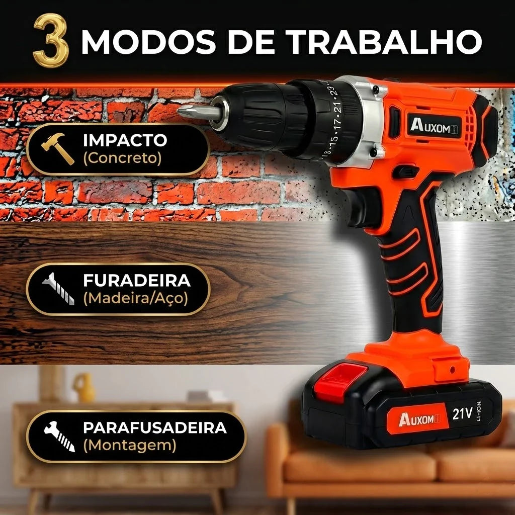 Furadeira Parafusadeira Impacto 21V 120Nm Profissional Kit 29 Peças + 2 Baterias | Forjano