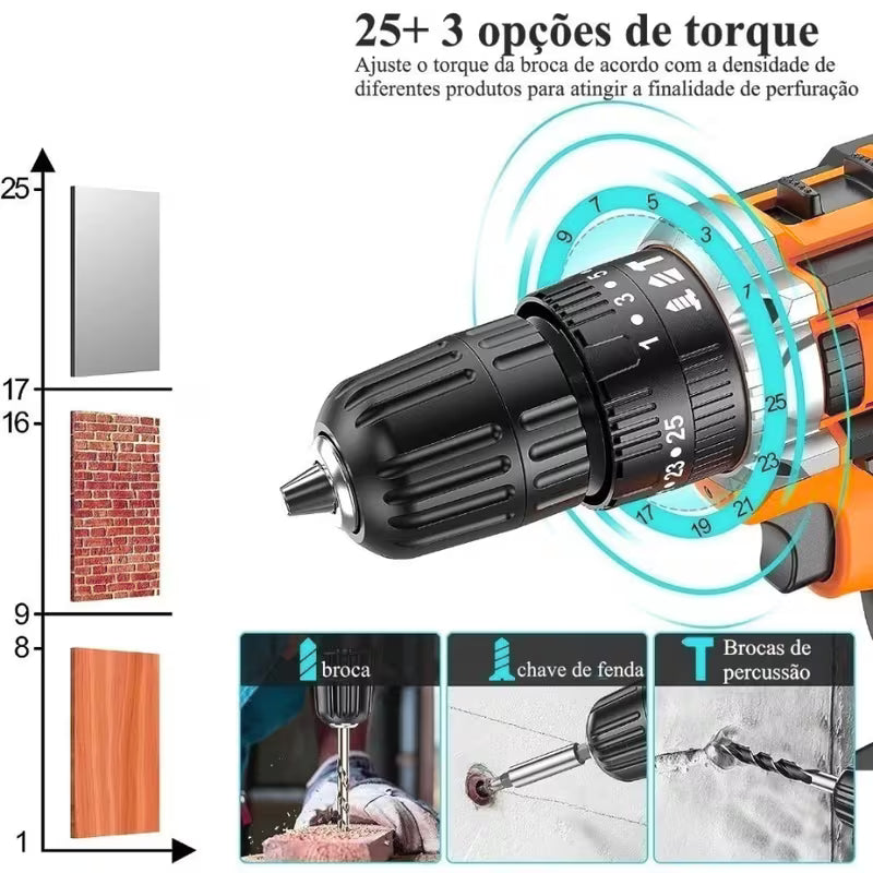 Furadeira Parafusadeira 21V com Impacto + 2 Baterias e Kit Completo | Forjano