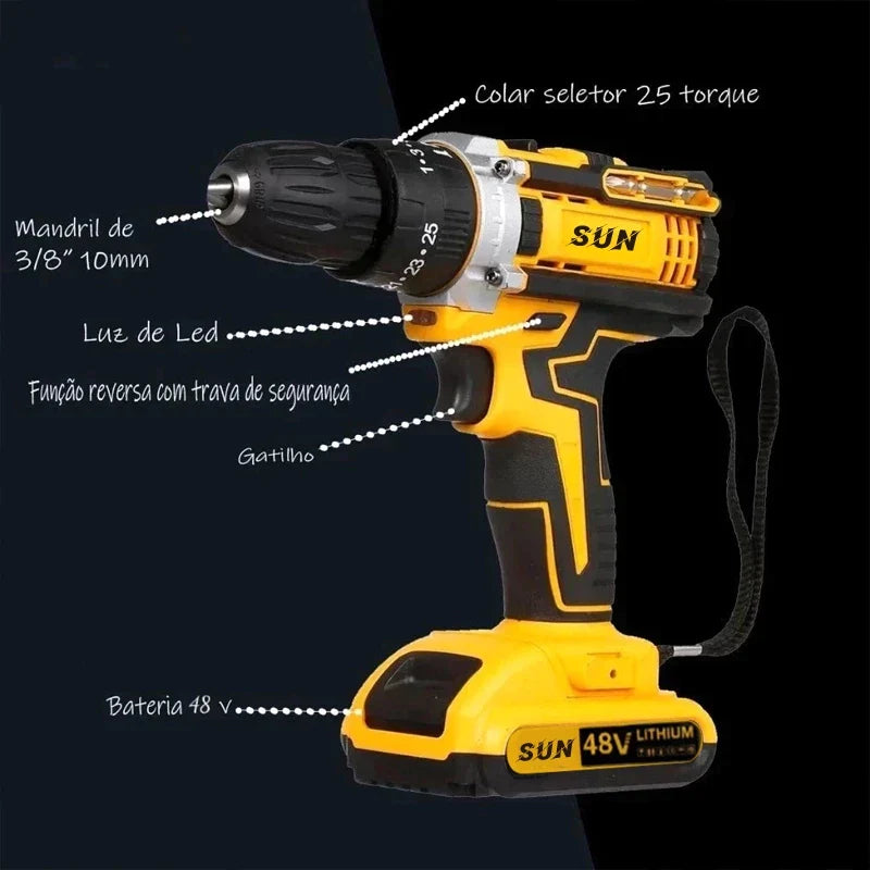 Furadeira Parafusadeira 48V Impacto Sem Fio + Kit Completo com Maleta | Forjano