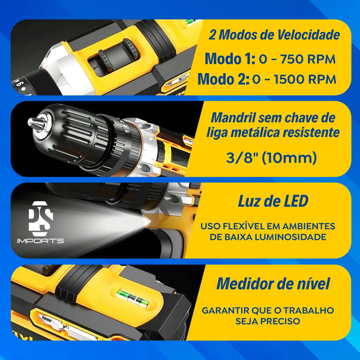 Furadeira Parafusadeira 48V Impacto + 2 Baterias e Kit Completo com Eixo Flexível | Forjano