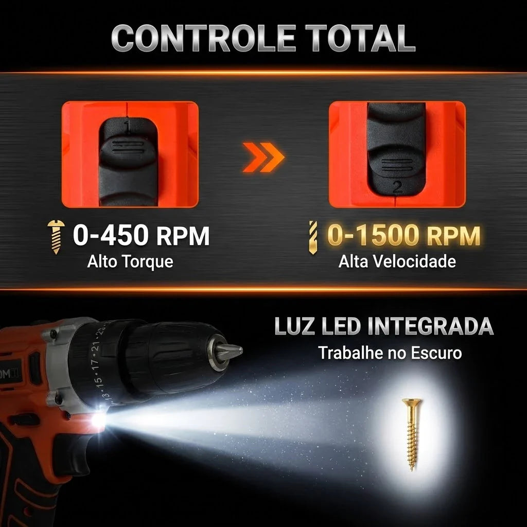 Furadeira Parafusadeira Impacto 21V 120Nm Profissional Kit 29 Peças + 2 Baterias | Forjano