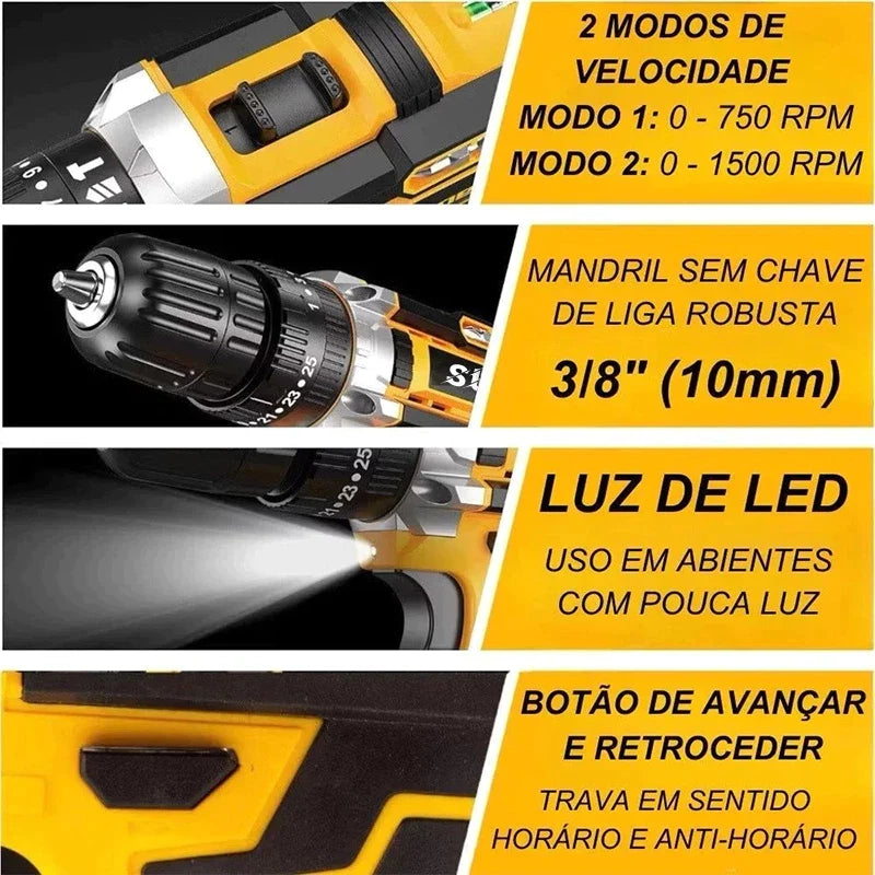 Furadeira Parafusadeira 48V Impacto Sem Fio + Kit Completo com Maleta | Forjano