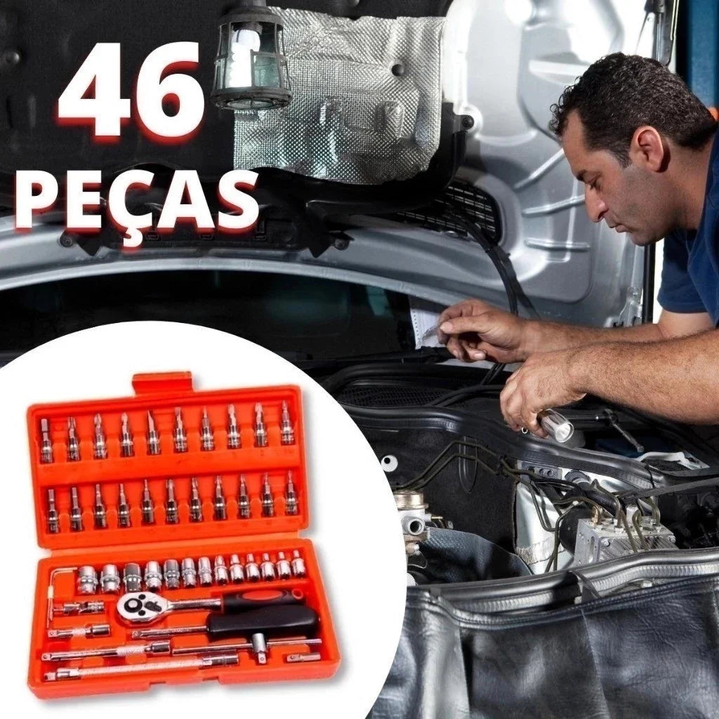 Jogo de Soquetes 46 Peças com Catraca Reversível e Maleta Completa | Forjano