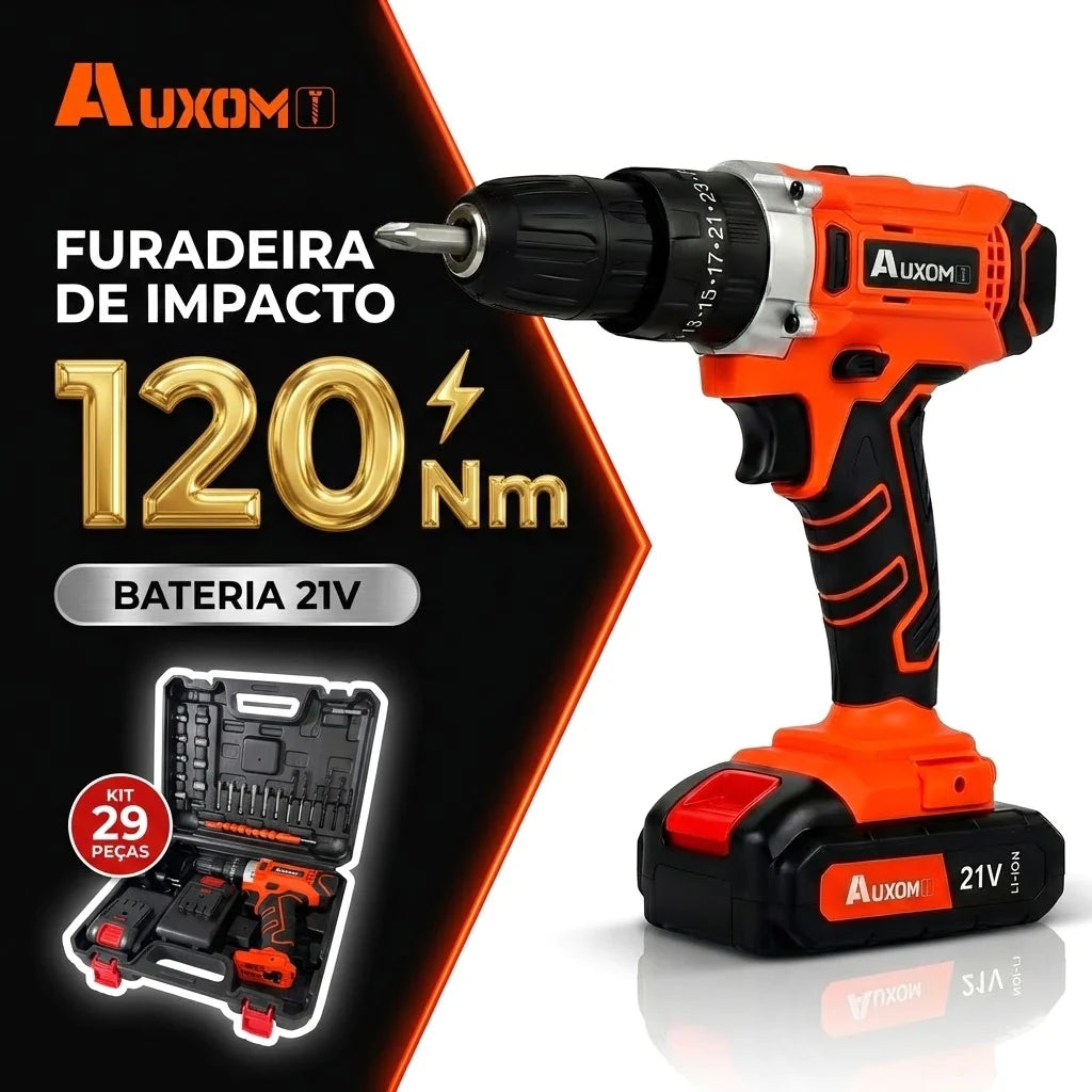 Furadeira Parafusadeira Impacto 21V 120Nm Profissional Kit 29 Peças + 2 Baterias | Forjano