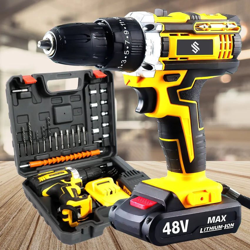 Furadeira e Parafusadeira 48V com Impacto — 2 Baterias, Eixo Flexível e Maleta Completa