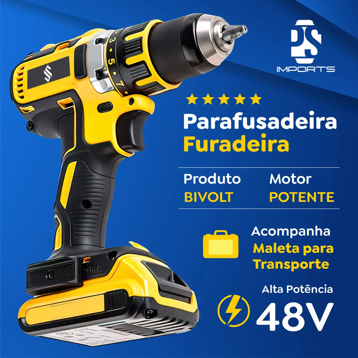 Furadeira Parafusadeira 48V Impacto + 2 Baterias e Kit Completo com Eixo Flexível | Forjano