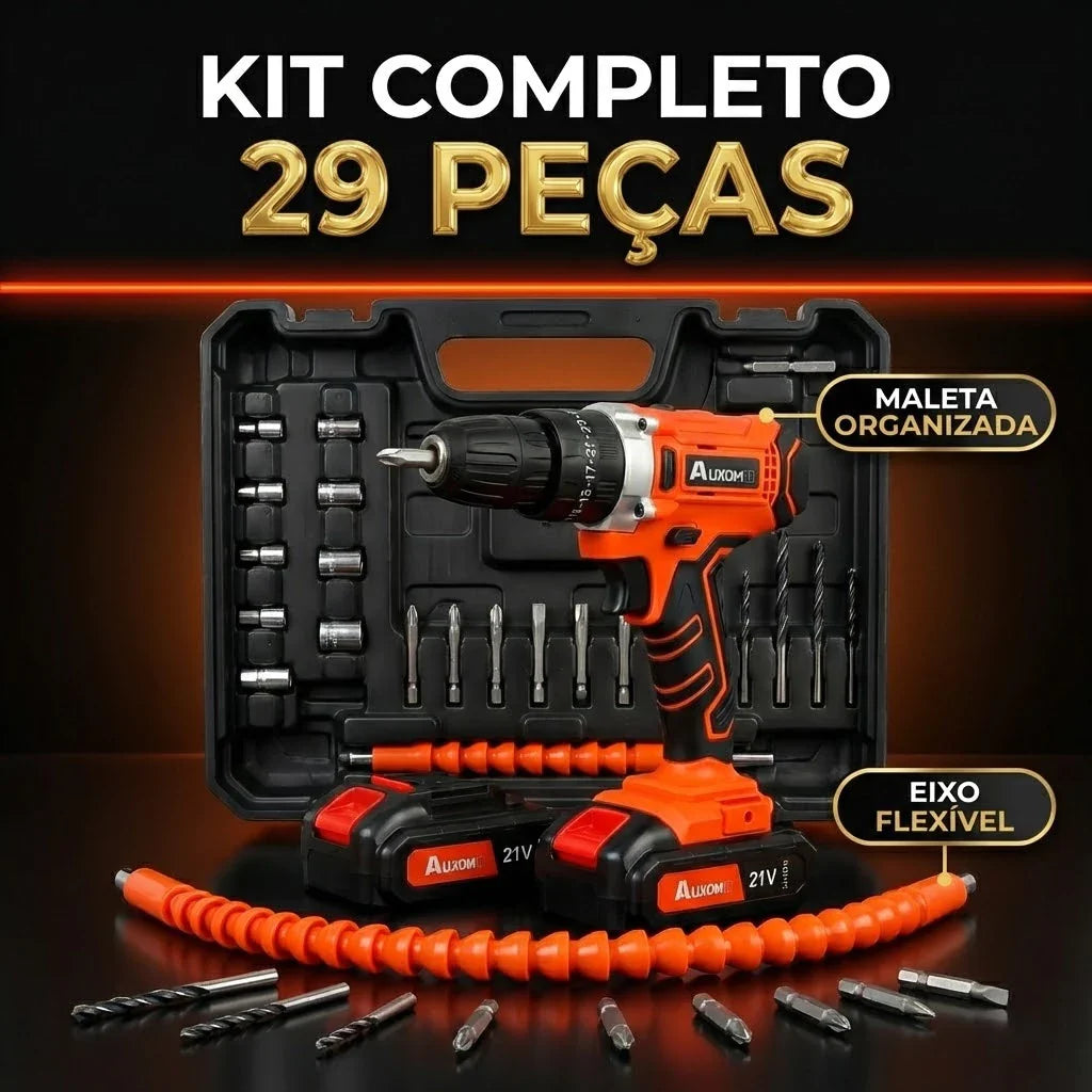 Furadeira Parafusadeira Impacto 21V 120Nm Profissional Kit 29 Peças + 2 Baterias | Forjano