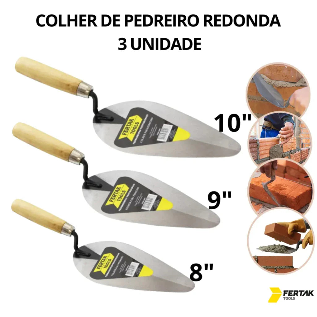 Kit Colher de Pedreiro 8", 9" e 10" Aço Carbono Reforçado Fertak | Forjano