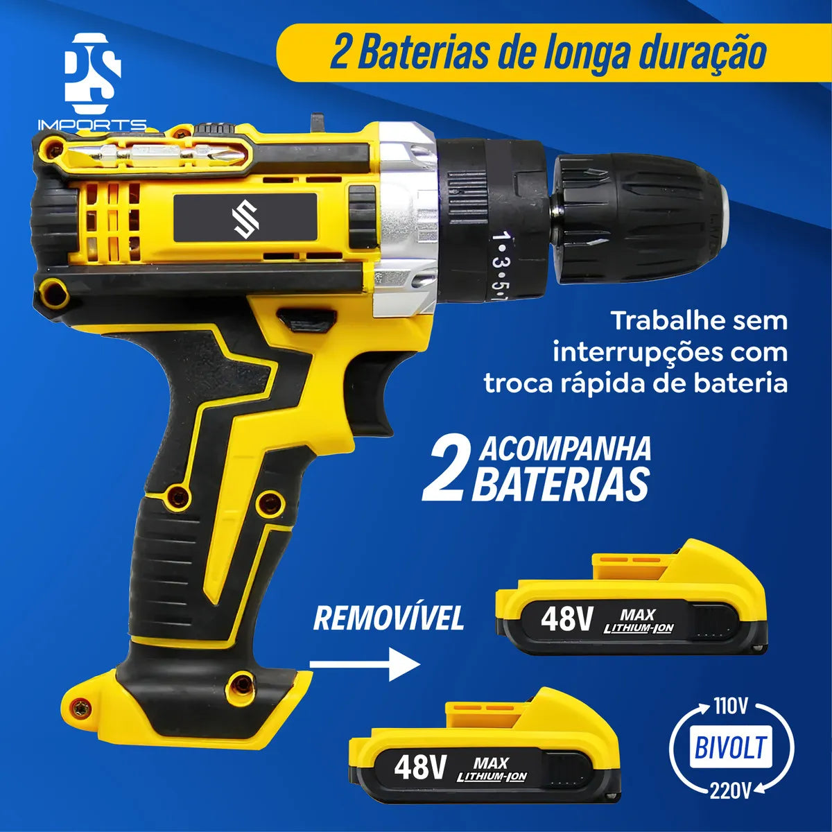 Furadeira Parafusadeira 48V Impacto + 2 Baterias e Kit Completo com Eixo Flexível | Forjano