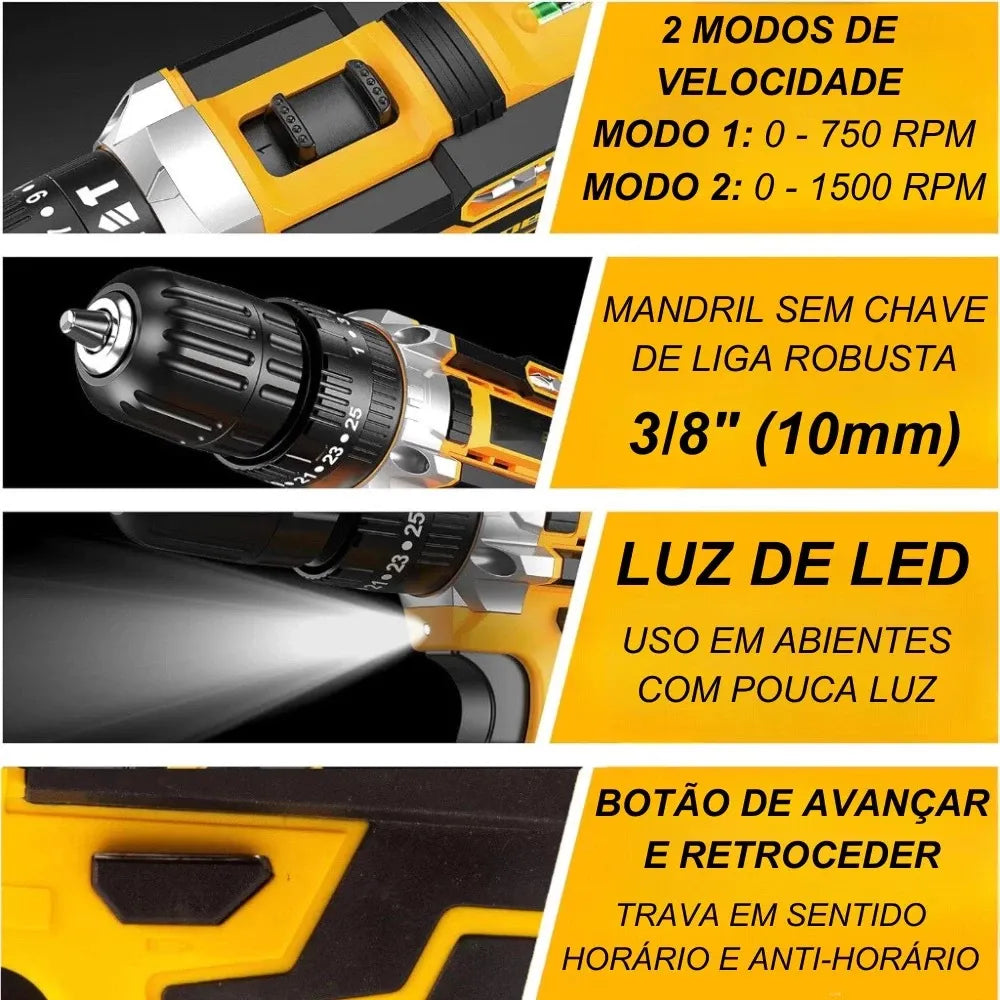 Furadeira Parafusadeira 48V Sem Fio com 2 Baterias + Kit Completo | Forjano