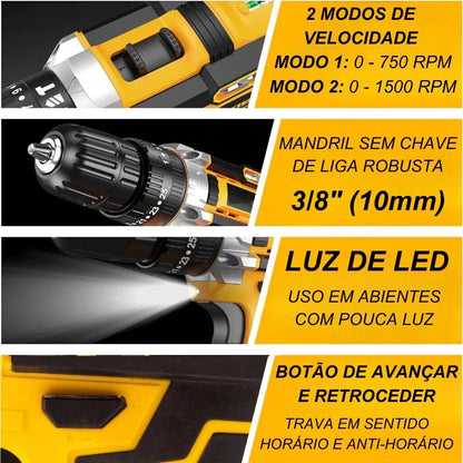 Furadeira Parafusadeira 48V Sem Fio com 2 Baterias + Kit Completo | Forjano