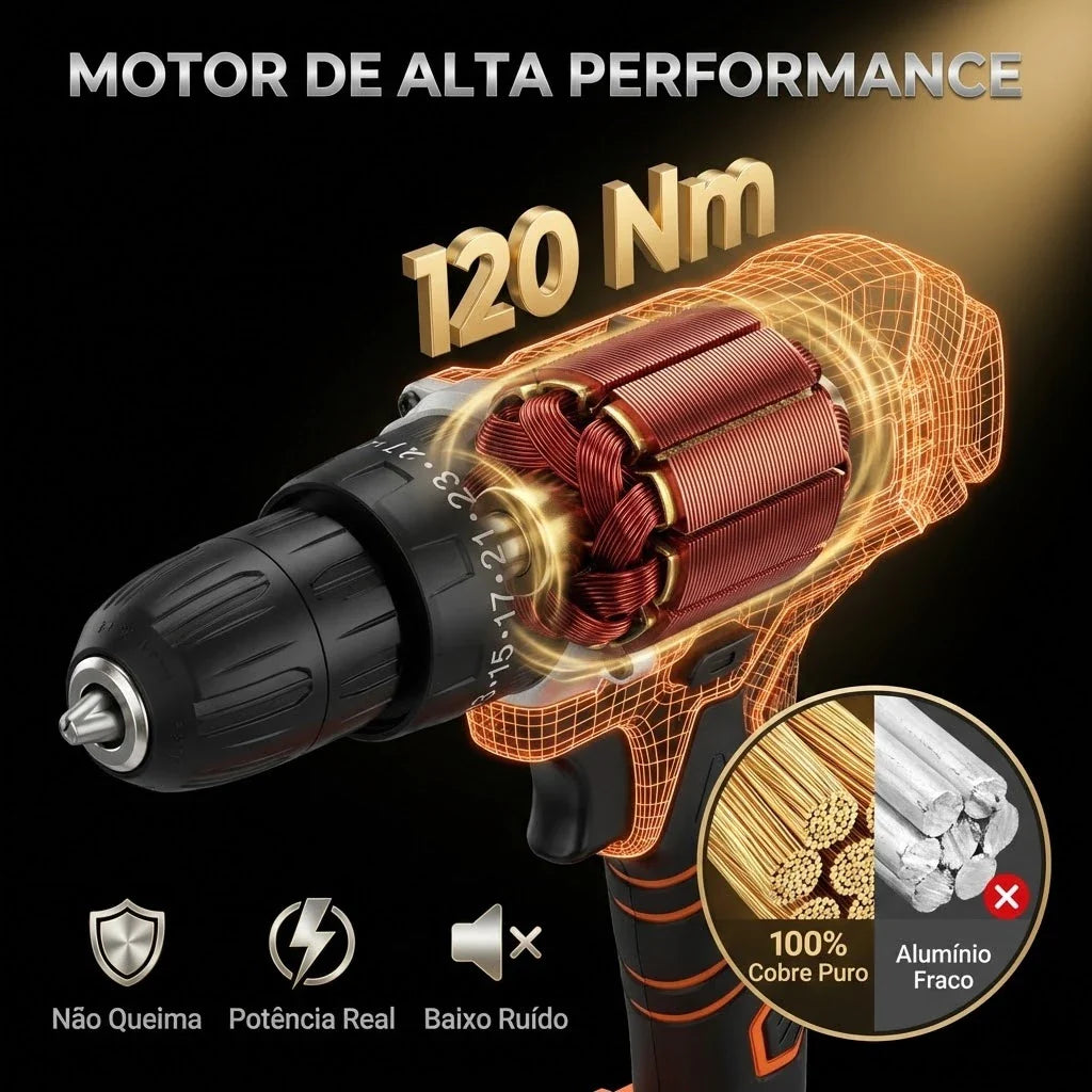 Furadeira Parafusadeira Impacto 21V 120Nm Profissional Kit 29 Peças + 2 Baterias | Forjano