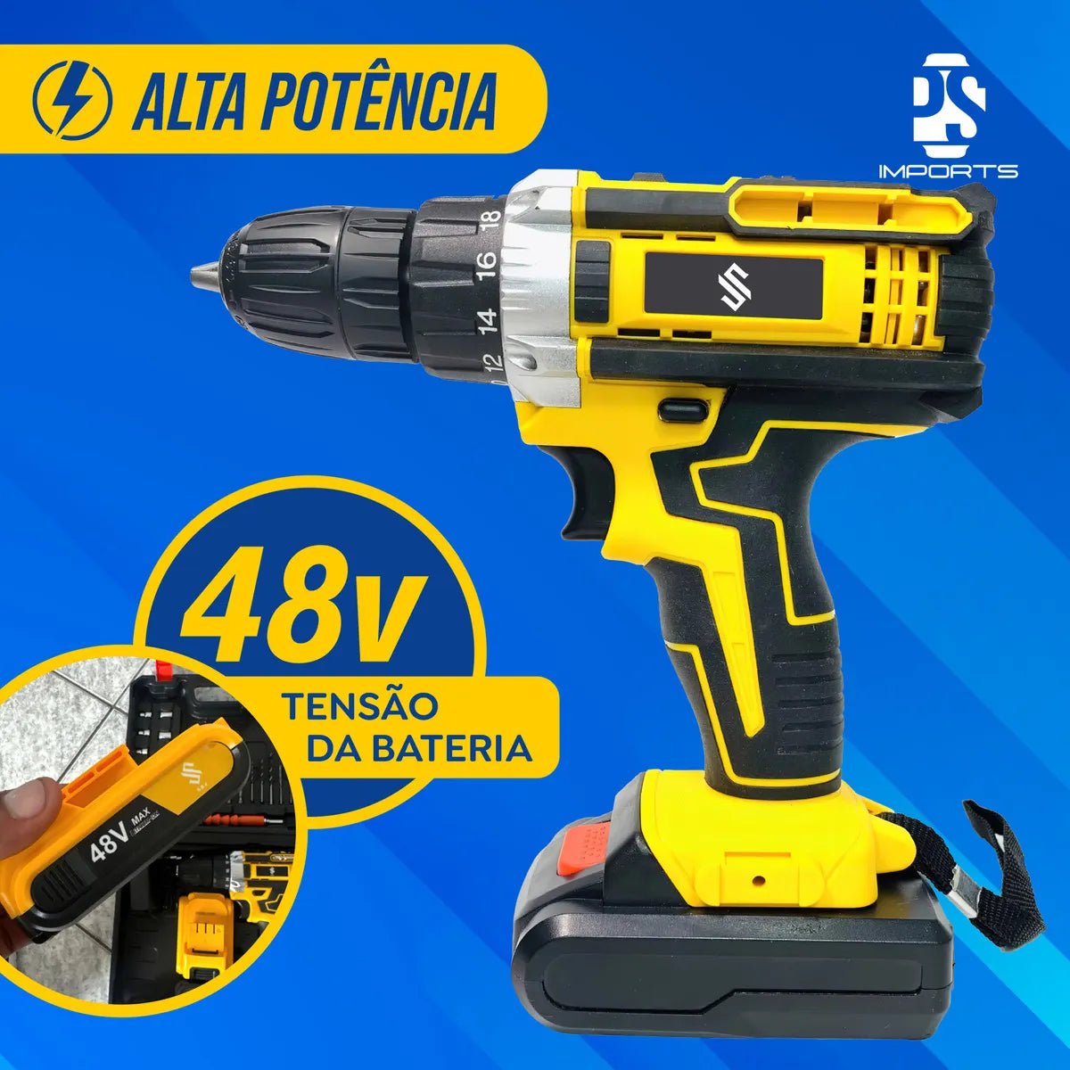 Furadeira Parafusadeira 48V Impacto + 2 Baterias e Kit Completo com Eixo Flexível | Forjano